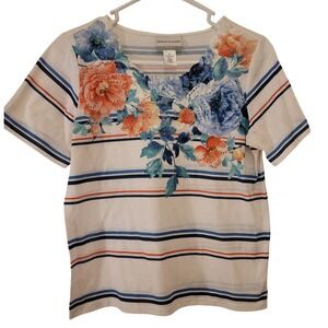 Alfred Dunner Petite Floral Striped Short Sleeve Top Womens P